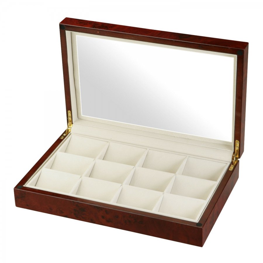 12 pocket watch display case with burl wood finish glass top SILVERLUG