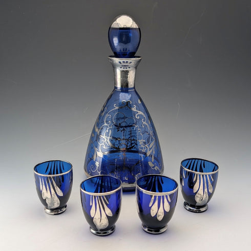 Vintage American Cobalt Blue Silver Overlay Decanter Cups Set of 4