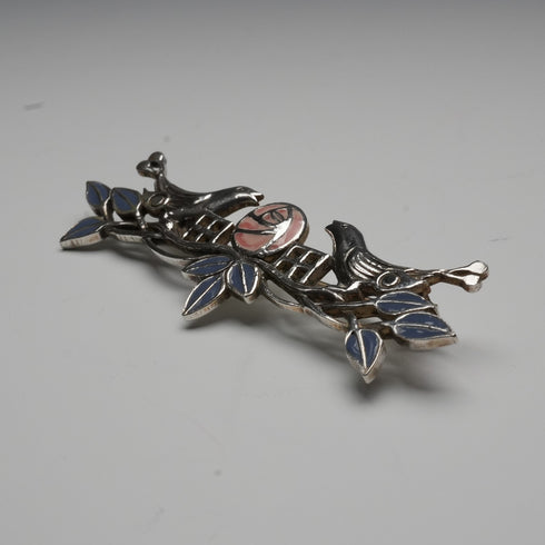 Vintage Pure Silver Enamel Brooch: Mackintosh Rose and Pair of Birds