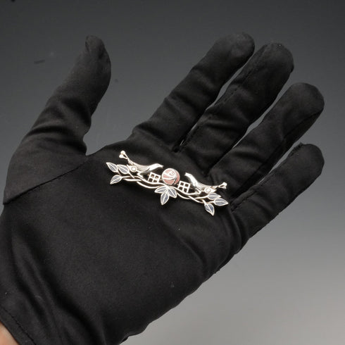 Vintage Pure Silver Enamel Brooch: Mackintosh Rose and Pair of Birds
