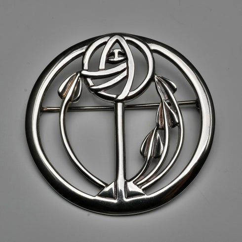 ヴィンテージ 純銀製 マッキントッシュ・ローズ アール・ヌーヴォー様式 丸型ブローチ ケース付き