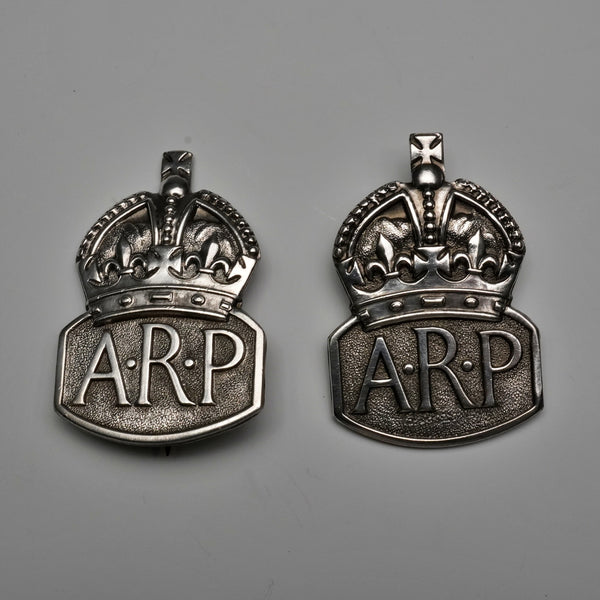 1938 British Vintage Sterling Silver ARP Warden Badge Pair by Royal Mint