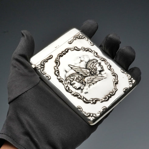 1906 British Antique Sterling Silver Angel-decorated Card Case 68g William Neale