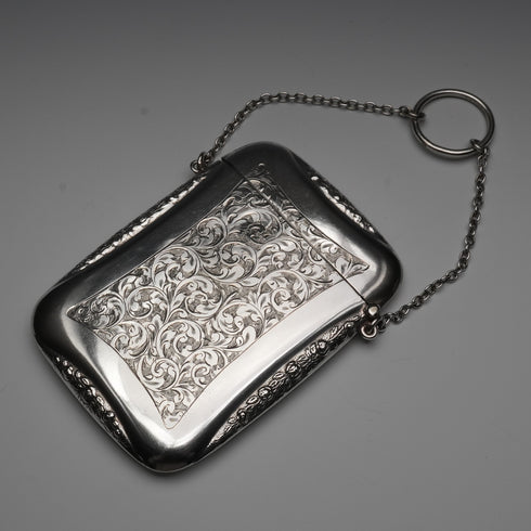 1916 English Antique Sterling Silver Card Case with Chain 71g Edwin Joseph Houlston