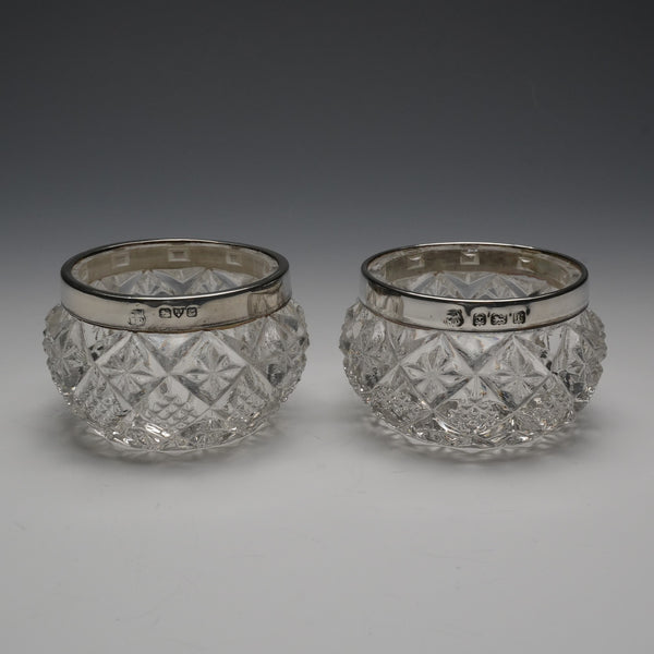 1916年 英国アンティーク 純銀装飾 カットガラスソルトディッシュペア James Deakin&Sons