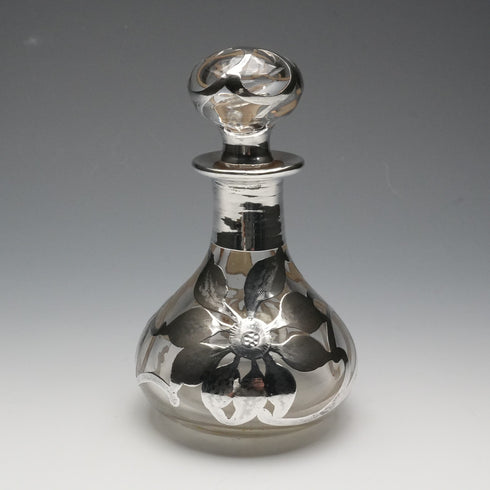 Vintage American Art Nouveau Silver Overlay Glass Perfume Bottle