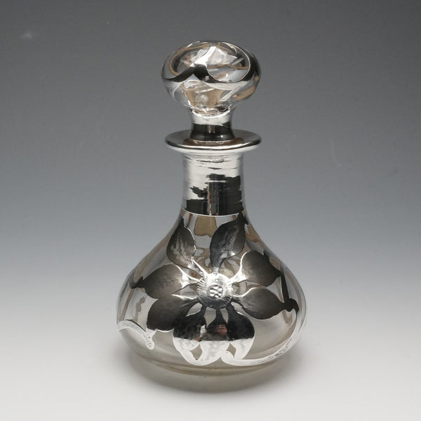 Vintage American Art Nouveau Silver Overlay Glass Perfume Bottle