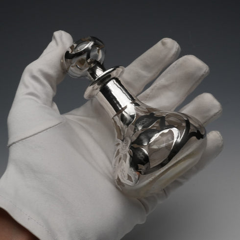 Vintage American Art Nouveau Silver Overlay Glass Perfume Bottle