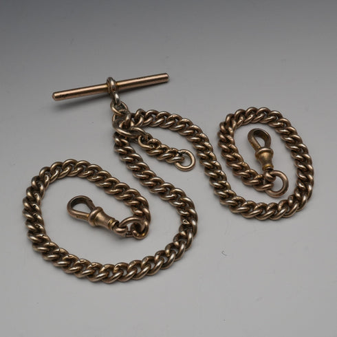 1907年 英國古董 純銀鎏金雙阿爾伯特懷錶鍊 48克 無飾墜