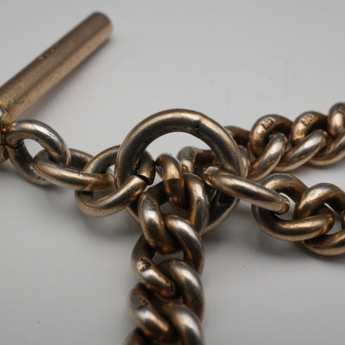 1907年 英國古董 純銀鎏金雙阿爾伯特懷錶鍊 48克 無飾墜