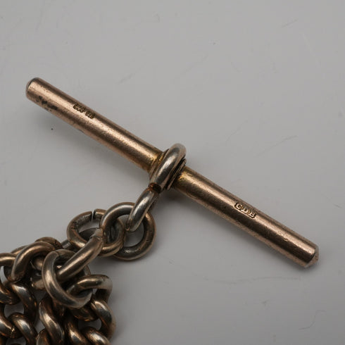 1907年 英國古董 純銀鎏金雙阿爾伯特懷錶鍊 48克 無飾墜