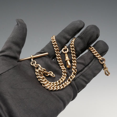 1907年 英國古董 純銀鎏金雙阿爾伯特懷錶鍊 48克 無飾墜