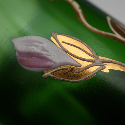 英国ヴィンテージ ヴィクトリアンスタイル エナメル装飾グリーンガラス 花瓶