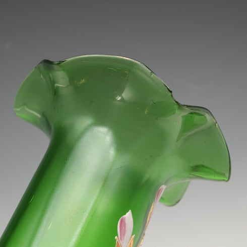 英国ヴィンテージ ヴィクトリアンスタイル エナメル装飾グリーンガラス 花瓶