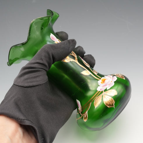 英国ヴィンテージ ヴィクトリアンスタイル エナメル装飾グリーンガラス 花瓶