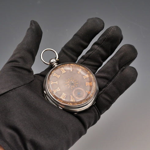 1880年 英国アンティーク 装飾ダイヤル 鍵巻き 銀側懐中時計 可動品 針無し(ジャンク)