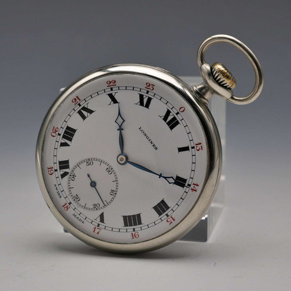 Circa 1916 Antique Longines Pocket Watch, Slim Silver-Plated Case, Good Working Order