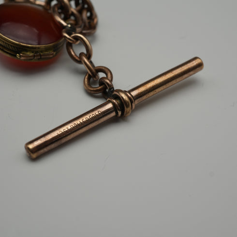 アンティーク ロールドゴールド製 アルバートチェーン 石付きロケットフォブ