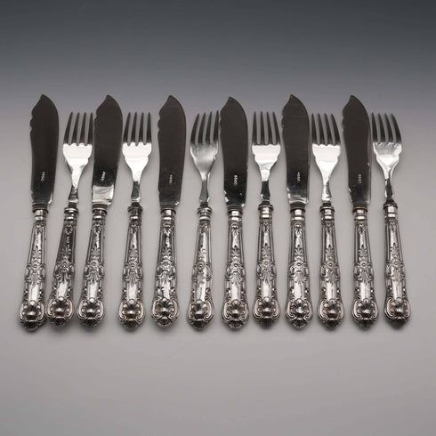 1927年 英國古董純銀刀柄餐具,用於魚類料理與分餐套組 Kirby Beard Ltd