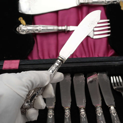 1927年 英國古董純銀刀柄餐具,用於魚類料理與分餐套組 Kirby Beard Ltd
