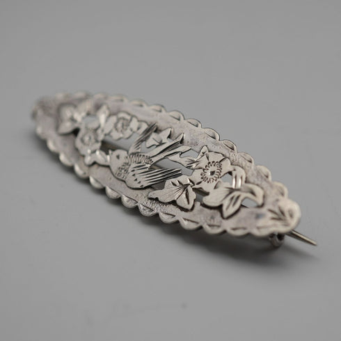 1914 British Antique Sterling Silver Brooch, Japonisme Bird Design, 2.3g, Joseph Richard