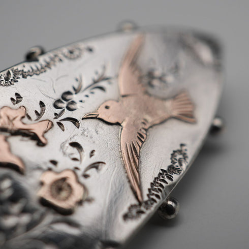 1895 Antique British Sterling Silver Brooch, Japonisme, Bird Design, 3.6g, Richard John Wakefield