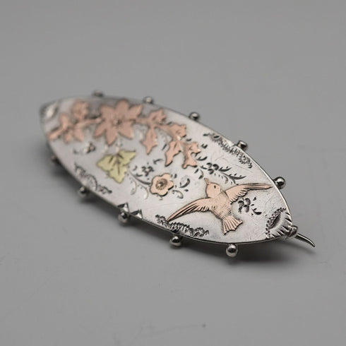 1895 Antique British Sterling Silver Brooch, Japonisme, Bird Design, 3.6g, Richard John Wakefield