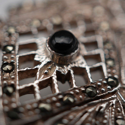 Vintage Black Onyx & Marcasite Sterling Silver Large Brooch 12.1g