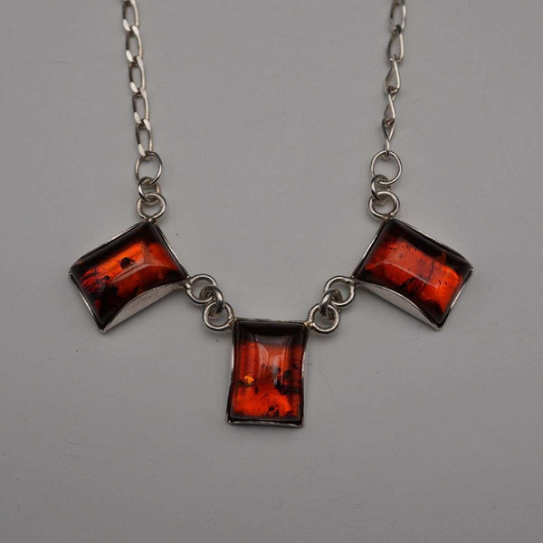 Vintage Sterling Silver & Amber Triple Rectangle Drop Necklace 45cm 11g