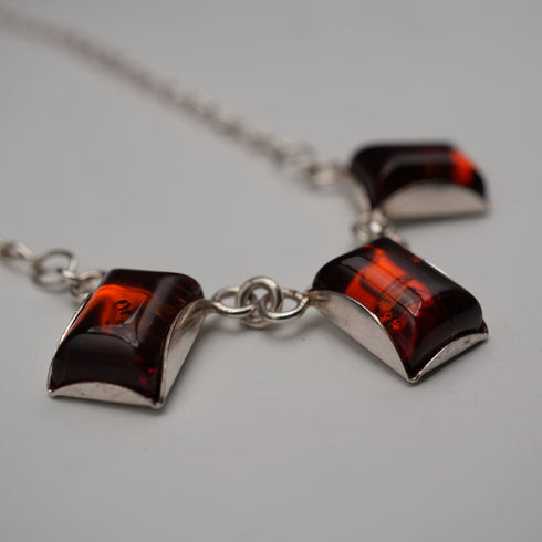 Vintage Sterling Silver & Amber Triple Rectangle Drop Necklace 45cm 11g