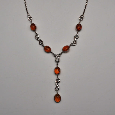 Vintage Sterling Silver & Amber Y-Drop Necklace 48cm 9g