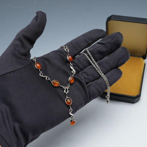 Vintage Sterling Silver & Amber Y-Drop Necklace 48cm 9g