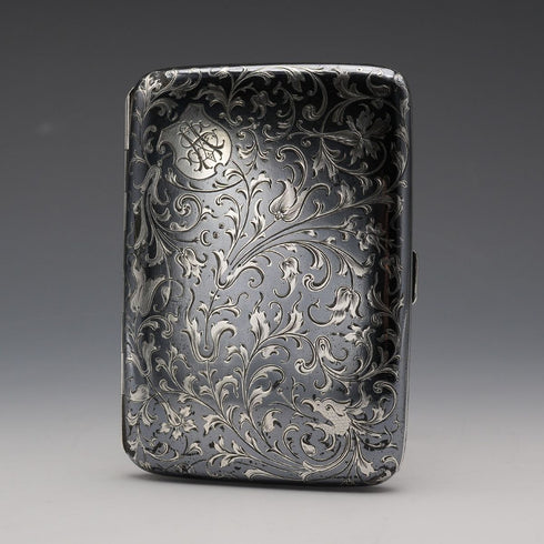 c. 1898 Antique Austrian 900 Silver Niello Inlaid Cigarette Case 124g
