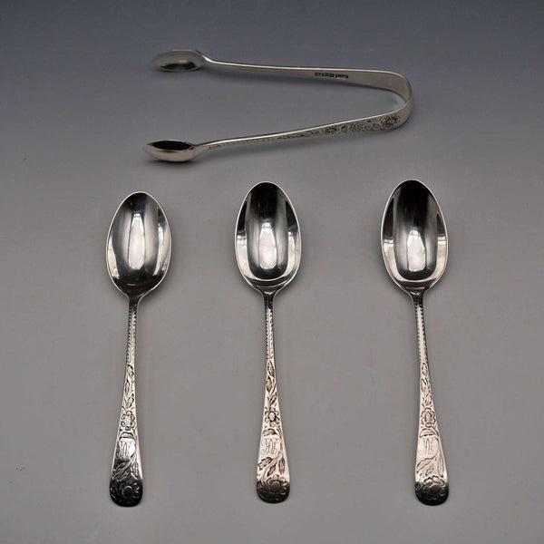 1899 Antique British Sterling Silver Tea Spoons (3) & Sugar Tongs Set, Total 76g by Gilmour&Watson