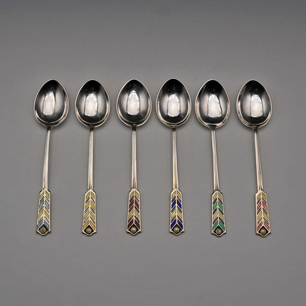 1958 English Vintage Sterling Silver Enamel Coffee Spoons, Set of 6, Total 61g, Turner & Simpson