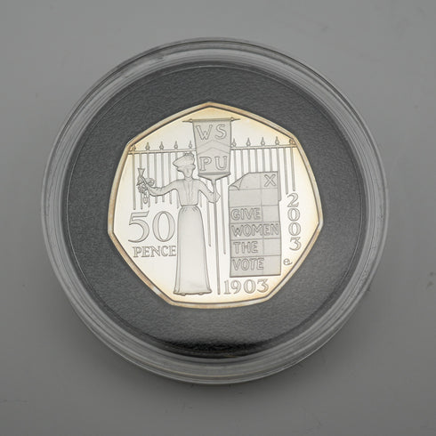 英國 50 便士紀念銀幣 婦女社會政治聯盟成立 100 週年 Royal Mint 附保護殼和說明書
