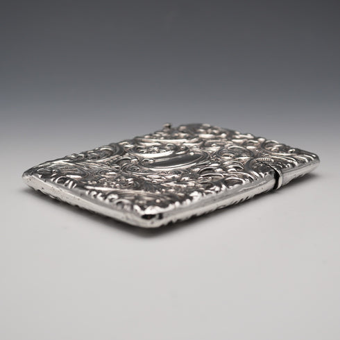1904 English Antique Embossed Sterling Silver Card Case 62g L&W
