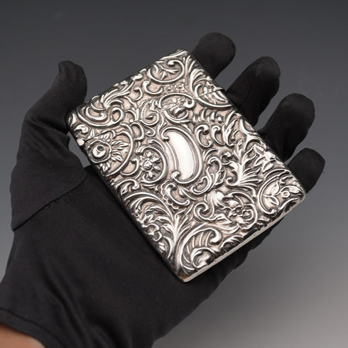 1904 English Antique Embossed Sterling Silver Card Case 62g L&W