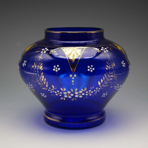 British Vintage Victorian Style Blue Glass Enamel Decorated Flower Vase