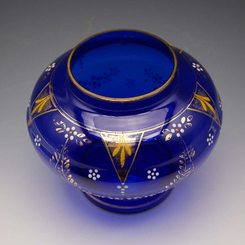 British Vintage Victorian Style Blue Glass Enamel Decorated Flower Vase