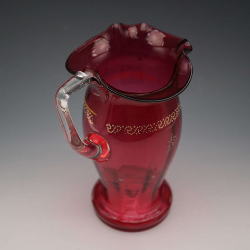 UK Vintage Victorian Cranberry Glass Enamel Decorated Jug