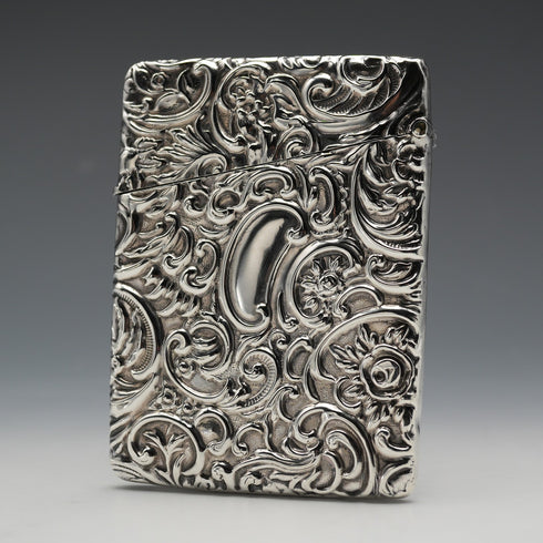 1904 English Antique Embossed Sterling Silver Card Case 62g L&W