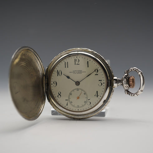 1907年頃 アンティーク ロンジン 懐中時計 レリーフ彫刻 銀側ハンターケース 動作良好