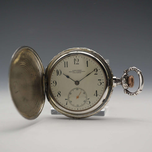 Circa 1907 Antique Longines Pocket Watch, Relief Engraved Silver Hunter Case, Good Working Condition