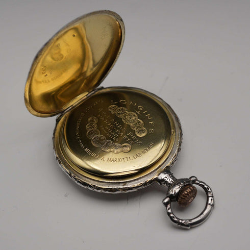 Circa 1907 Antique Longines Pocket Watch, Relief Engraved Silver Hunter Case, Good Working Condition