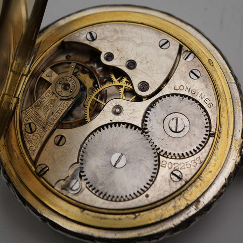 Circa 1907 Antique Longines Pocket Watch, Relief Engraved Silver Hunter Case, Good Working Condition