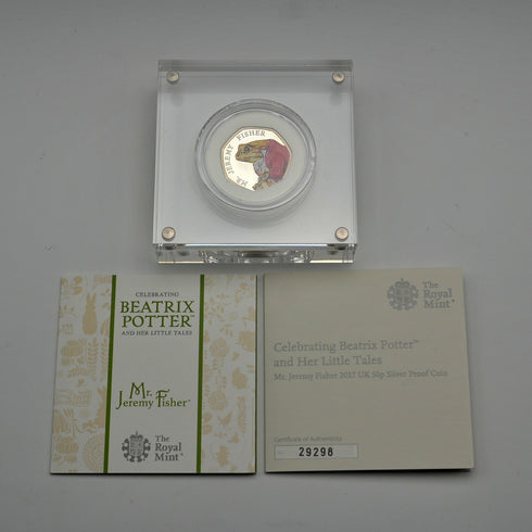 UK Beatrix Potter 150th Anniversary "Jeremy Fisher" 50p Proof Silver Coin with Royal Mint Case and Certificate 29298