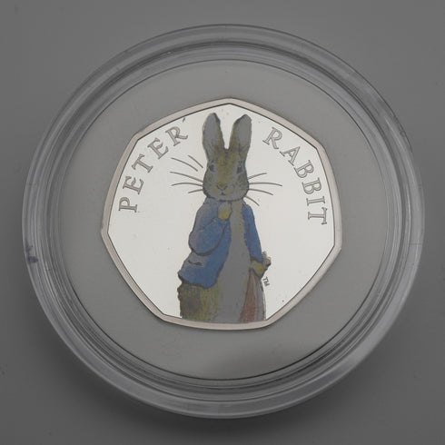 United Kingdom Beatrix Potter 150th Anniversary "Peter Rabbit" 50 Pence Commemorative Silver Coin Royal Mint, with Case and Booklet 00981