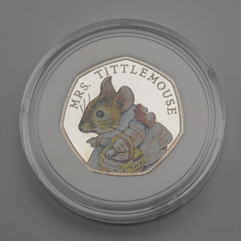 UK Beatrix Potter 150th Anniversary "Mrs. Tittlemouse" 50 Pence Commemorative Silver Coin Royal Mint with Case and Booklet 24619