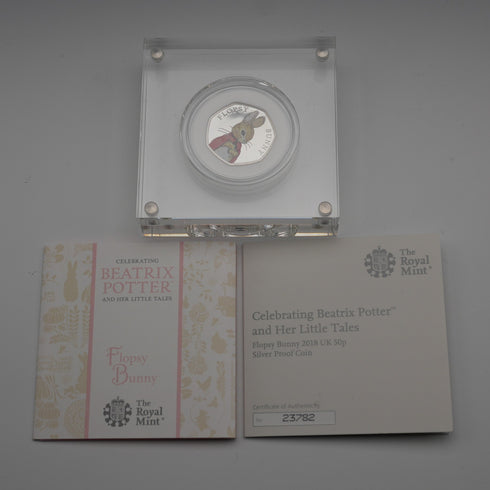 United Kingdom Beatrix Potter 150th Anniversary "Flopsy Bunny" 50p Proof Silver Coin Royal Mint, with Case and Certificate of Authenticity 23782